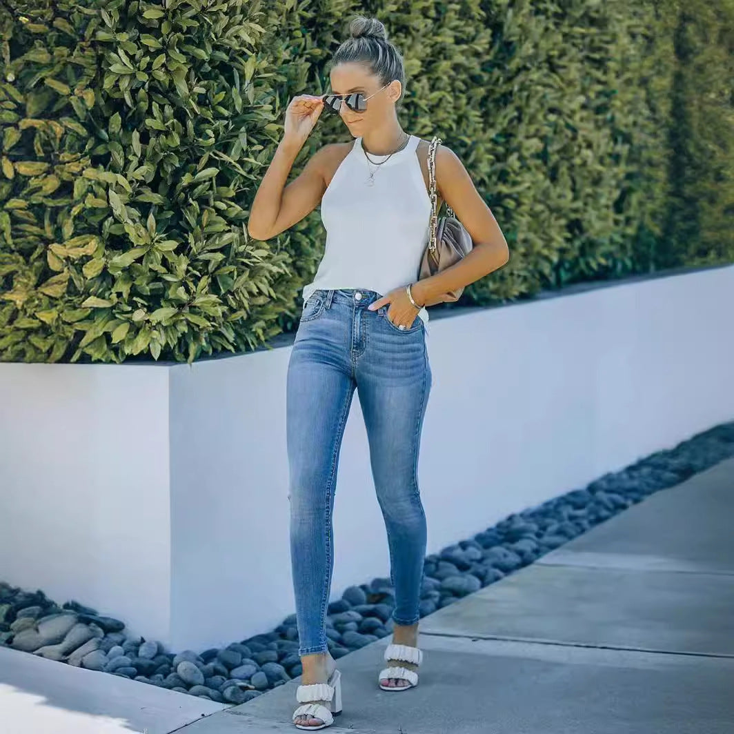 Dambyxor Med Medelhög Midja, Skinny Denimblandning, Ljusblå, Hög Elasticitet