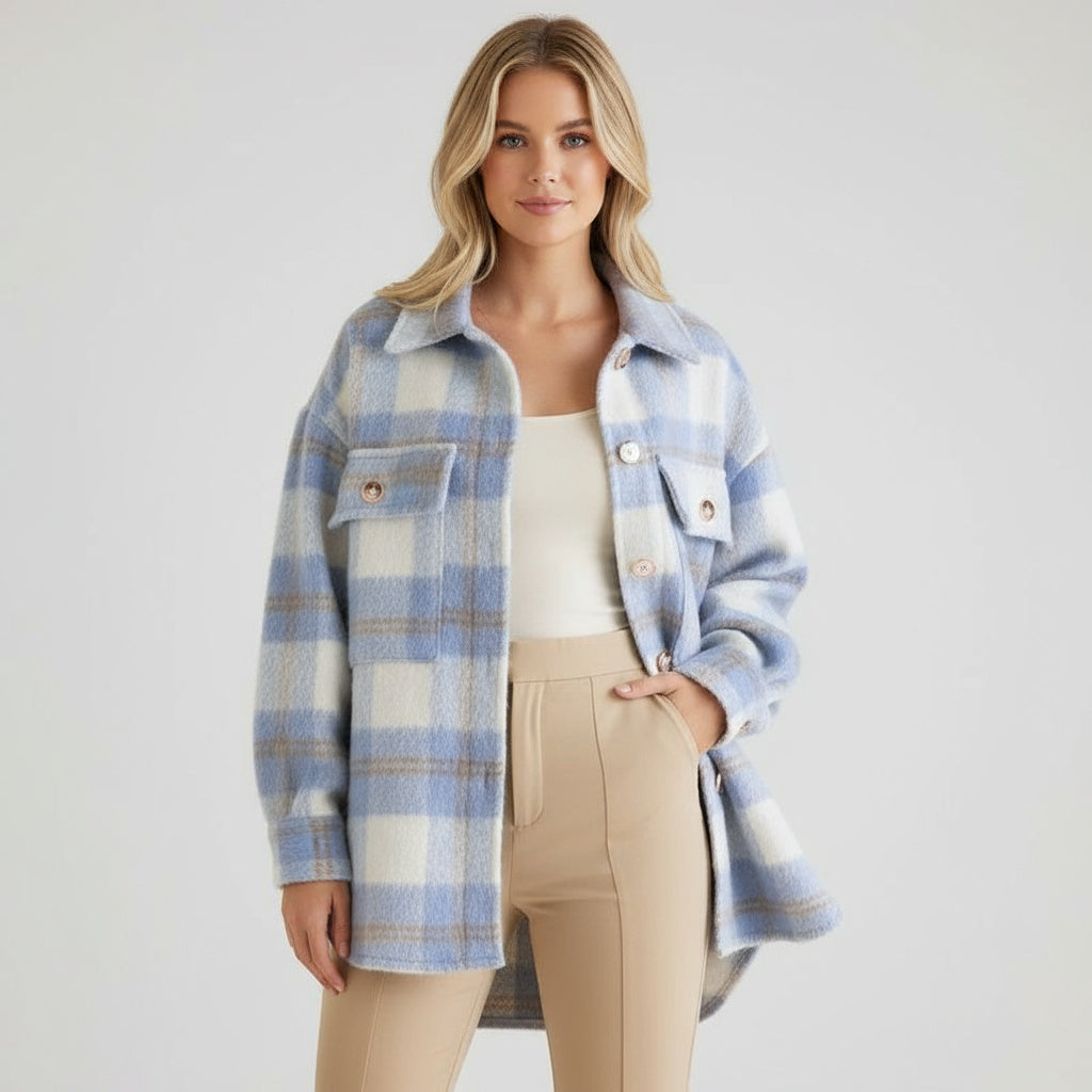 Dam Höstjacka med Rutig Design och Oversized Passform med Knäppning