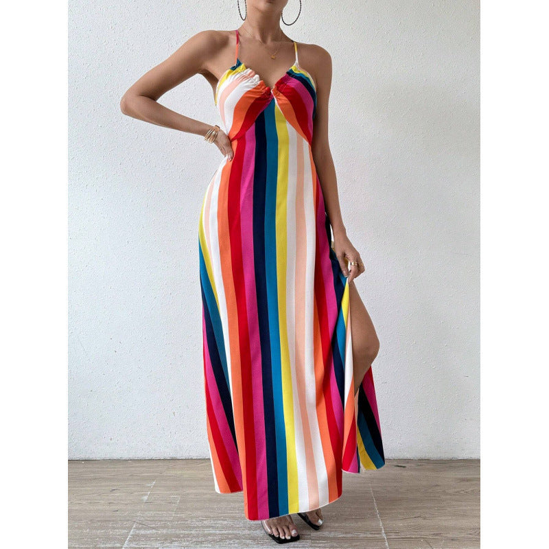 Damklänning Med Regnbågsrandig Ärmlös Bodycon-Midiklänning