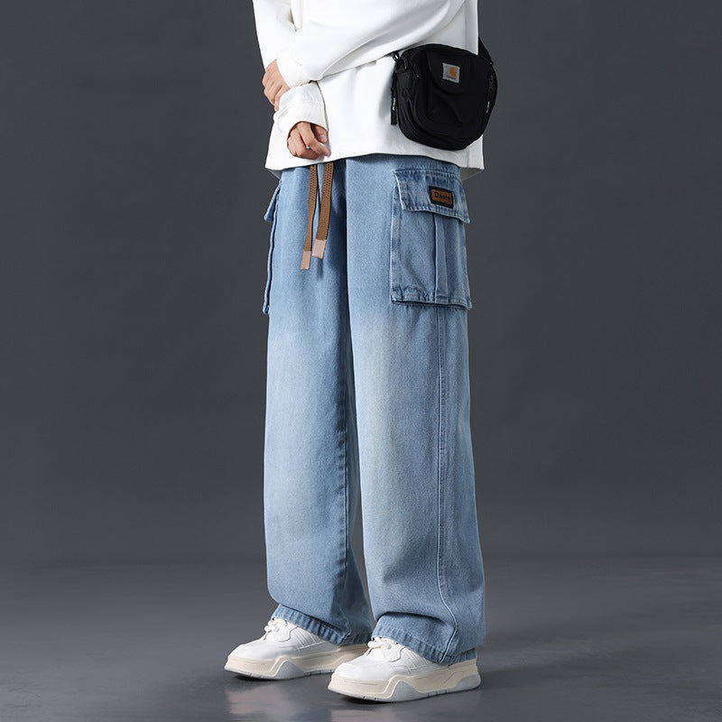 Höstjeans med vida ben, rak passform, löst draperande, tonade tvättade jeans, medelhög midja, mikroelastiska