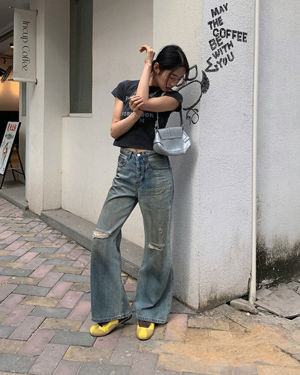 Retro Raka Jeans Med Sliten Denimblandning För Kvinnor
