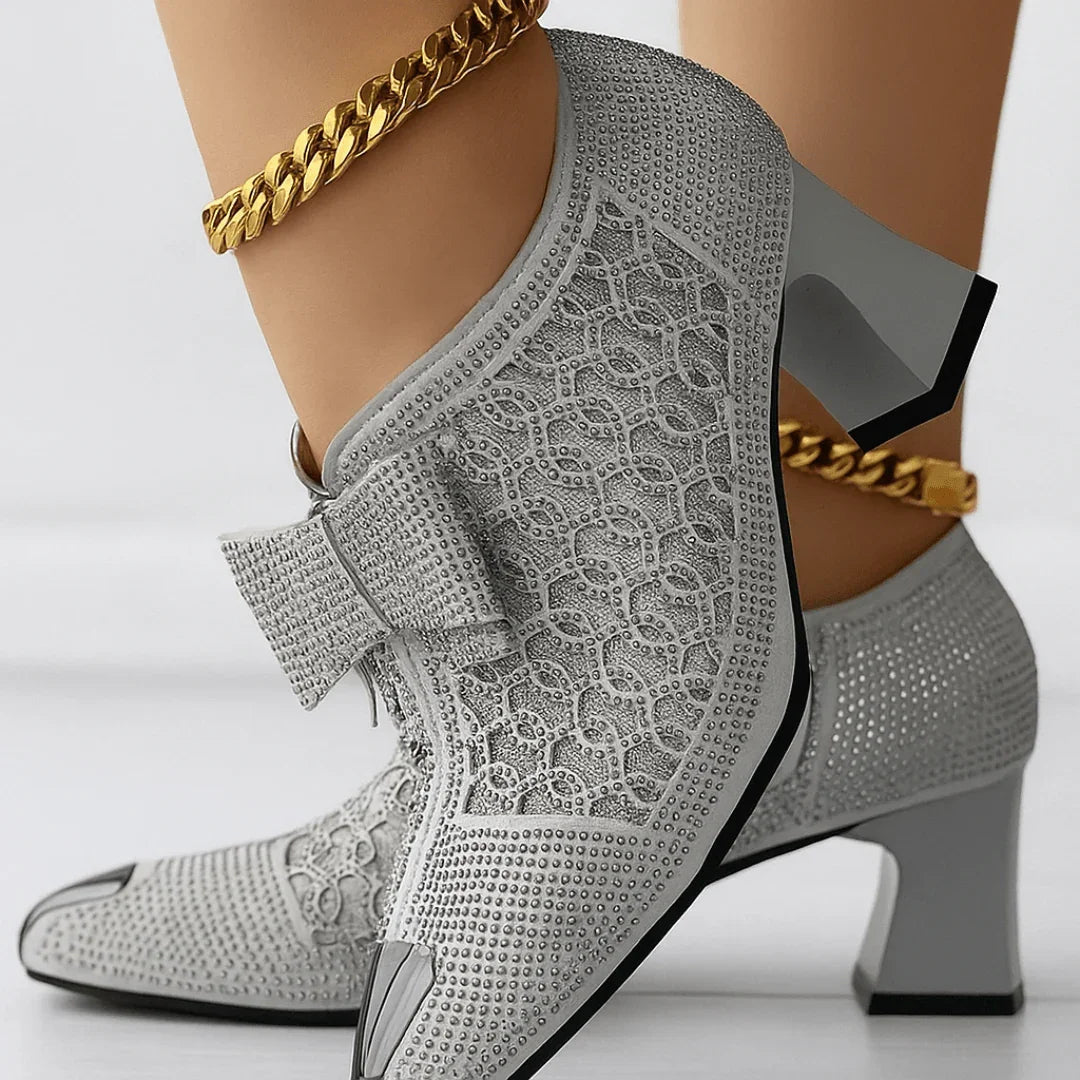 Kvinnor Klackskor Med Rhinestone Rosett Spetsig Tå Och Blockklack 6cm