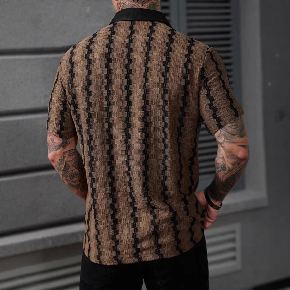 Herr Sommarrutig Stickad Kortärmad Kofta Slim Fit Patchwork Streetwear Topp