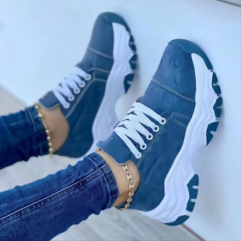 Dam Sommar Platå Sport Flats Sneakers Med Snörning Rund Tå Med Medelhög Klack