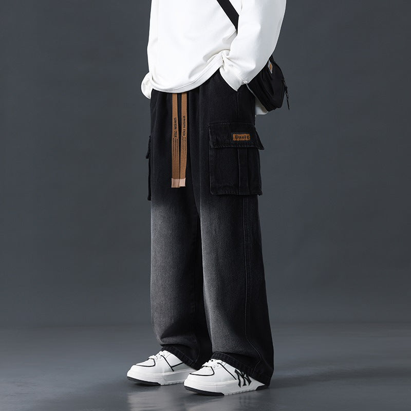 Höstjeans med vida ben, rak passform, löst draperande, tonade tvättade jeans, medelhög midja, mikroelastiska