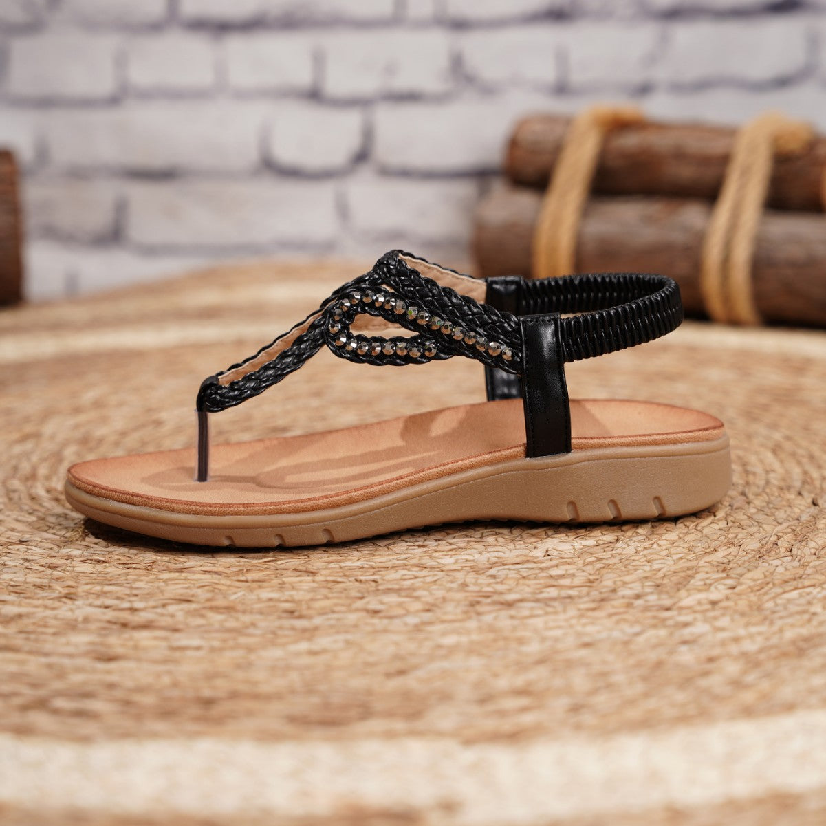 Dam Sommarstrandsandaler Med Strass I Romersk Stil Med Elastiskt Band