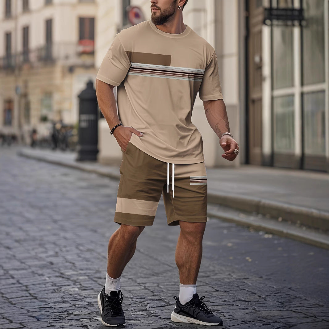 Herr Sommar Andningsbara Kortärmade Rund Halsade Shorts Set Tecknat Tryck Tvådelat Set