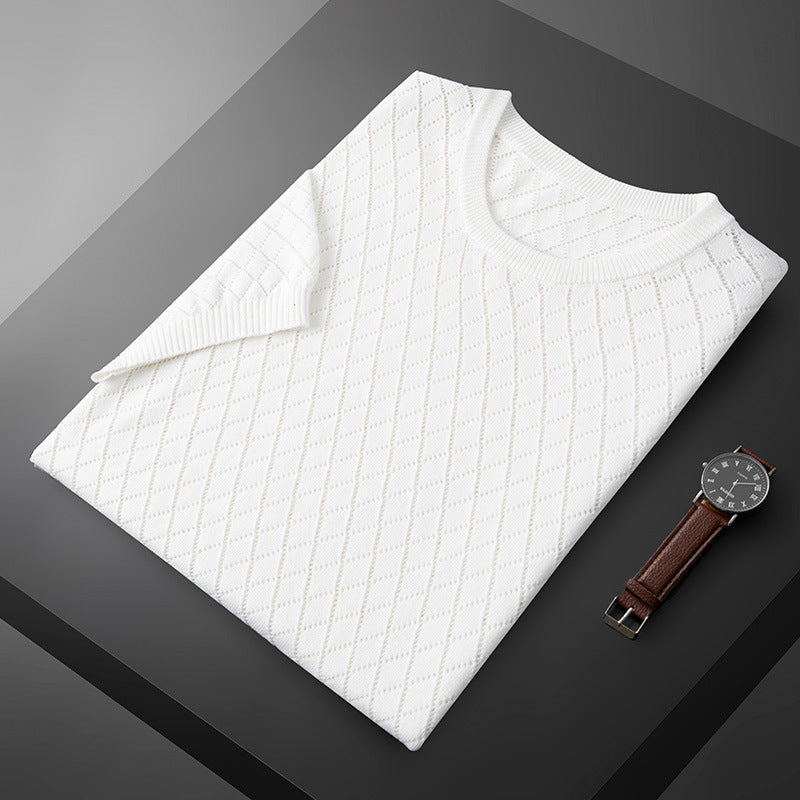 Herrstickad, Halvringad, Ihålig, Kortärmad, Rutig Pullover, Strykfri, Affärströja För Pendling