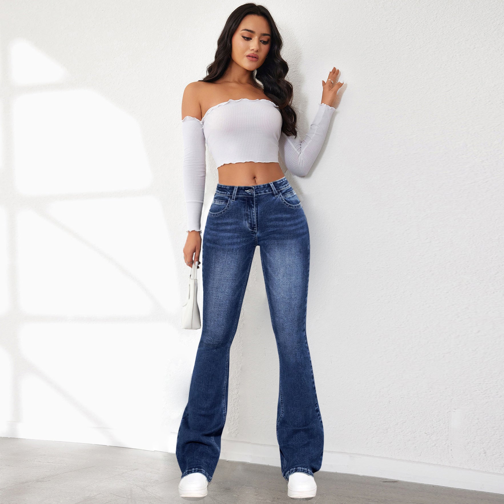 Dambyxor Med Hög Midja I Denimblandning I Retrotvättad Stretchdesign