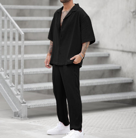 Herr Sommar Tvådelat Skjorta Byxset Vävd Lätt Enfärgad Färg Matchande Outfit Flera Storlekar