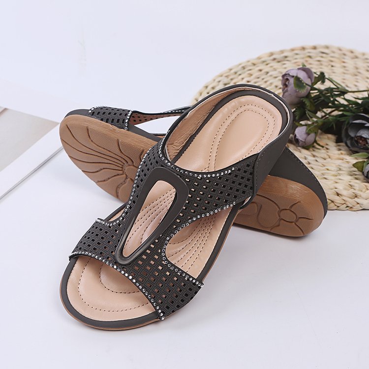 Dam Sommar Fiskmun Platta Sandaler Strass Ihåliga Slip-On