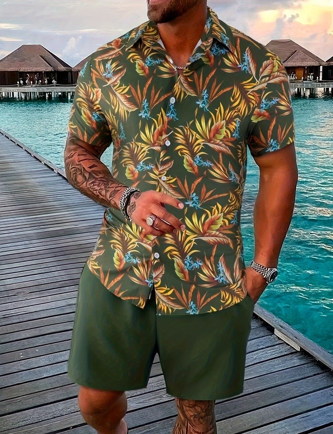 Herr Sommarshortsset Kortärmad T-Shirt Och Shorts Bomullsblandning