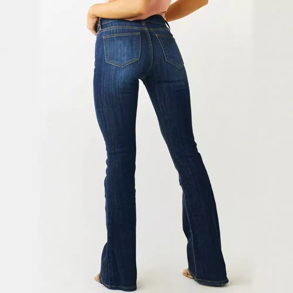 Utsvängda Jeans Med Medelhög Midja Och Sliten Bootcut-Design För Kvinnor