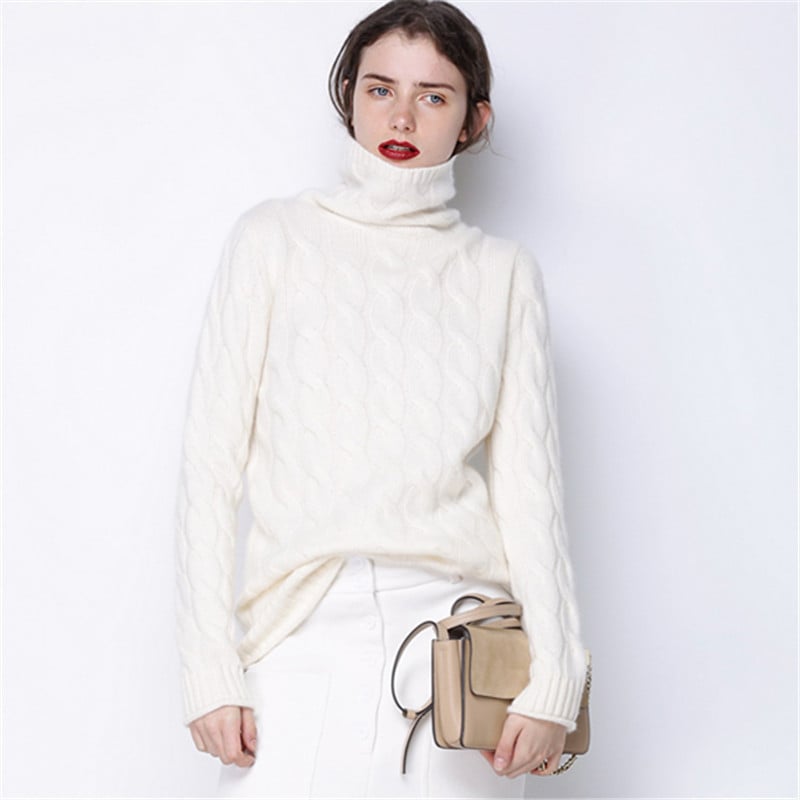 Kvinnors Höghalsade Tröja Med Lång Ärm Och Twiststickad Pullover