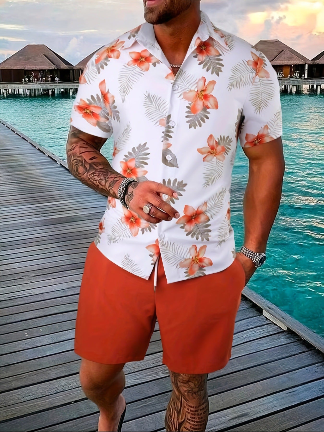 Herr Sommarshortsset Kortärmad T-Shirt Och Shorts Bomullsblandning