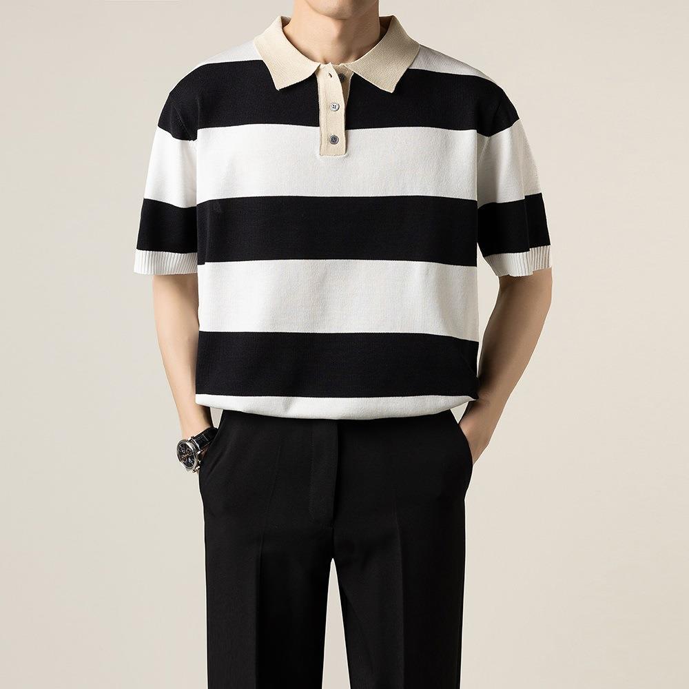 Herr Sommar Randig Kortärmad Stickad Polotröja Slim Fit Lätt Topp