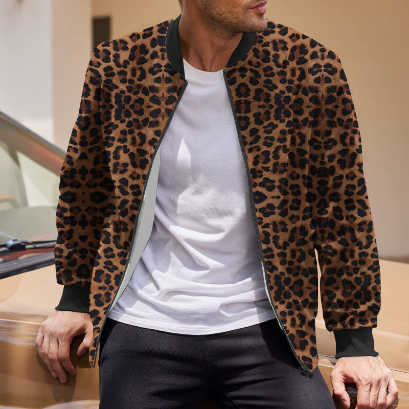 Herr Höstjacka Med Leopardmönster Och Dragkedja Och Fleecefoder