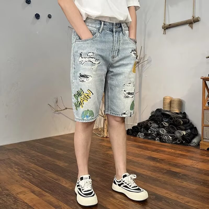 Herr Sommar Croppad Shorts Ljustvättad Sliten Riven Avslappnad Passform