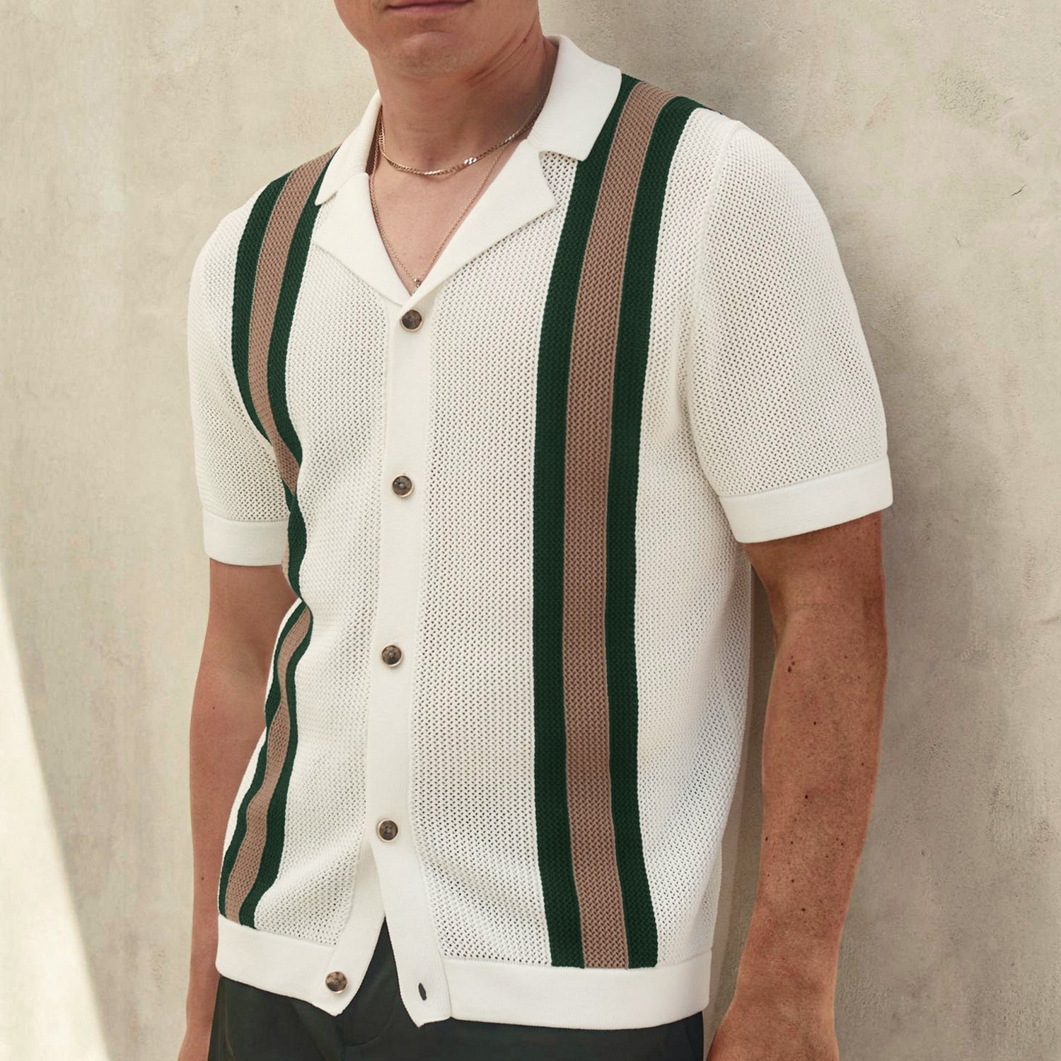 Men Summer Färg Block Short Sleeve Cuban Collar Knitted Cardigan