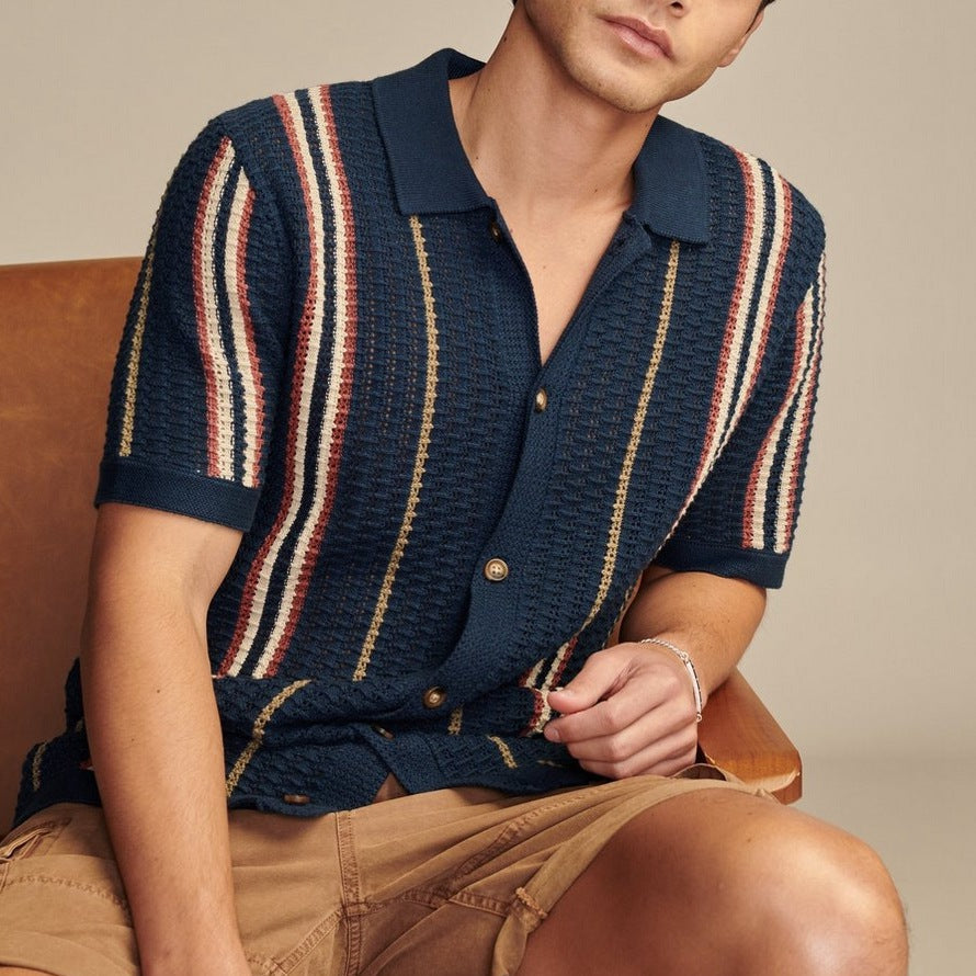 Herr Sommar Randig Ihålig Stickad Polo Kortärmad Kofta Brittisk Stil Topp