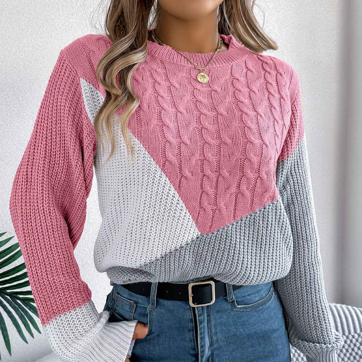 Dam Twist Knit Långärmad Kontrastfärgad Pullover
