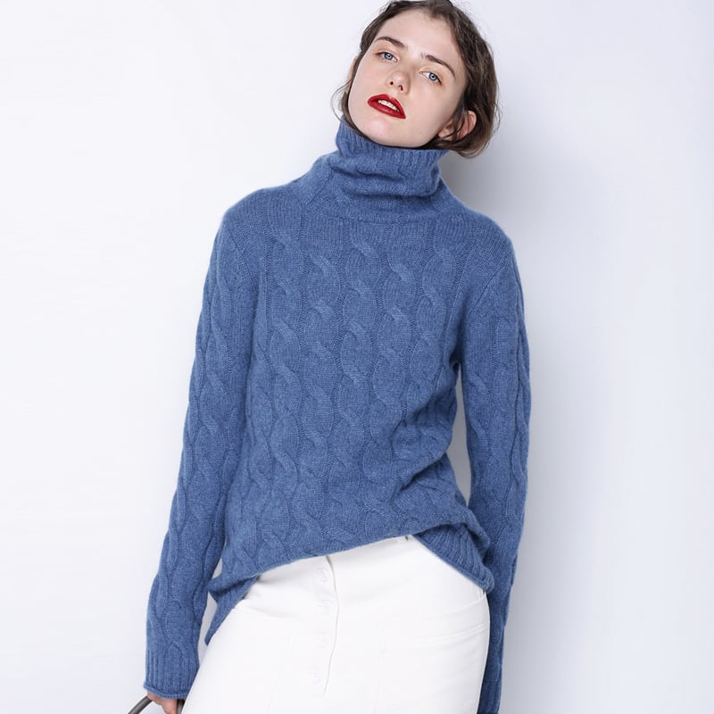 Kvinnors Höghalsade Tröja Med Lång Ärm Och Twiststickad Pullover