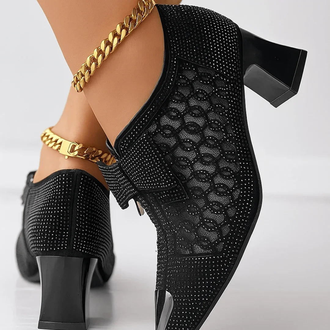 Kvinnor Klackskor Med Rhinestone Rosett Spetsig Tå Och Blockklack 6cm