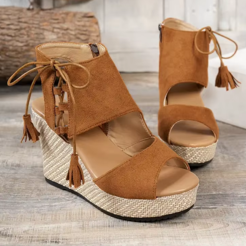 Kilklackssandaler för Dam Sommar Flätad Jute Snörning kring Vristen Öppen Tå