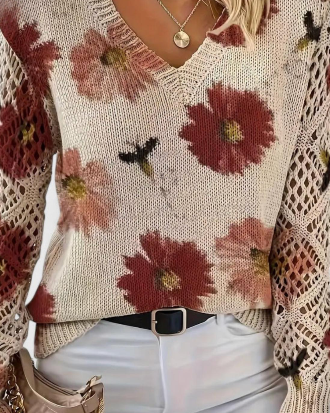 Kvinnotröja Med Öppen Stickning På Ärmar Och Mjuk Textur