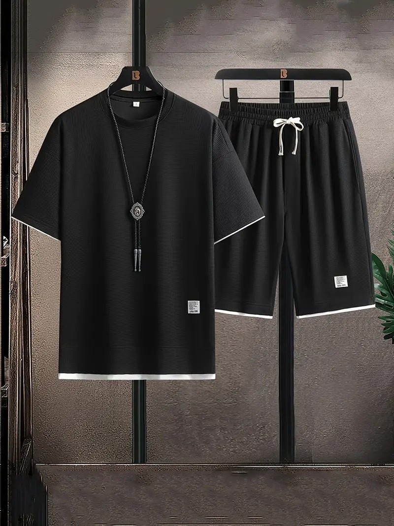 Herr Tvådelat Set Våffelstickad T-Shirt Dragsko Shorts