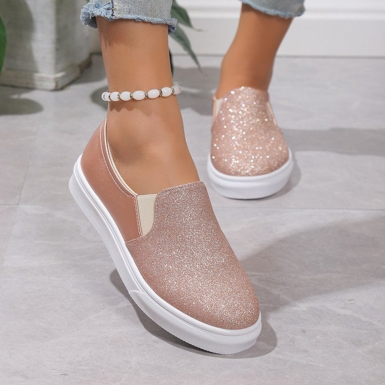 Rund Tå Med Paljettdetaljer För Kvinnor, Loafers Med Resårband Och Platt Gummisula