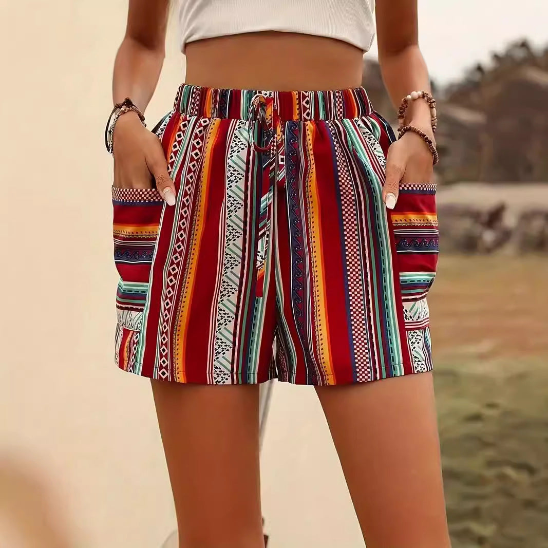 Dam Mönstrade Casual Shorts Med Mellanhög Midja Semesterstil