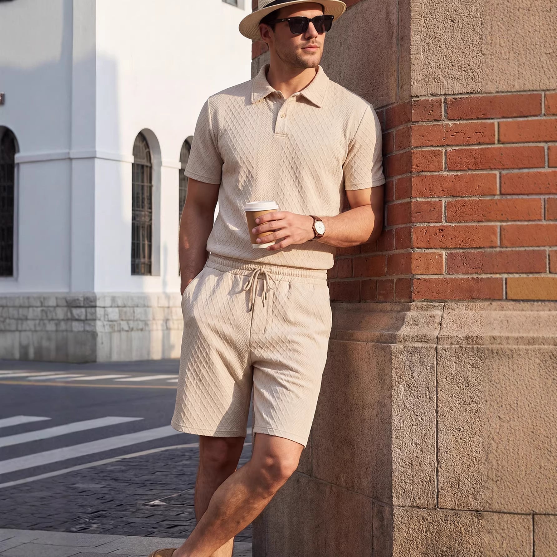 Herrpolo med dragkedja och långa byxor, tvådelat set, sportig stil, ljus khaki, polyesterfiber