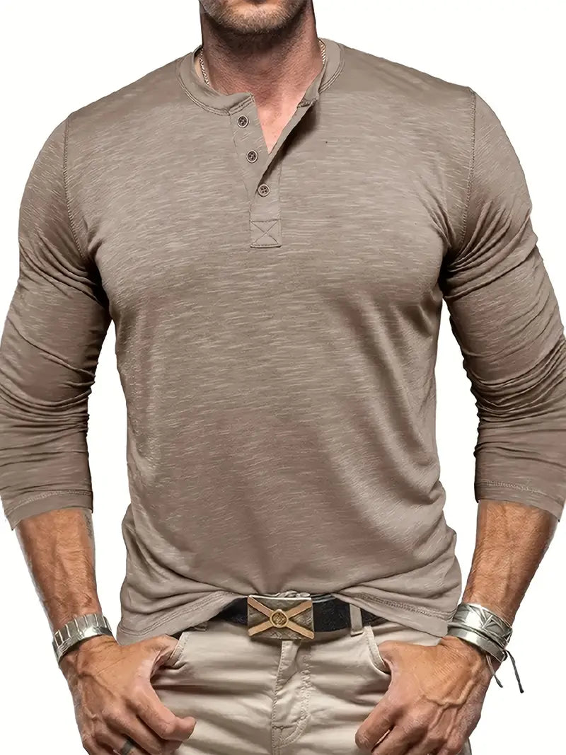 Herr Långärmad Henley T-Shirt Med Knäppning Vid Halsringning