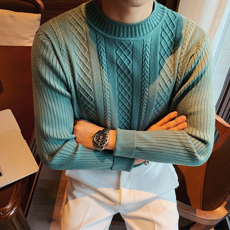 Herr Hösttröja Med Halv Polotröja, Smal Passform, Grovstickad