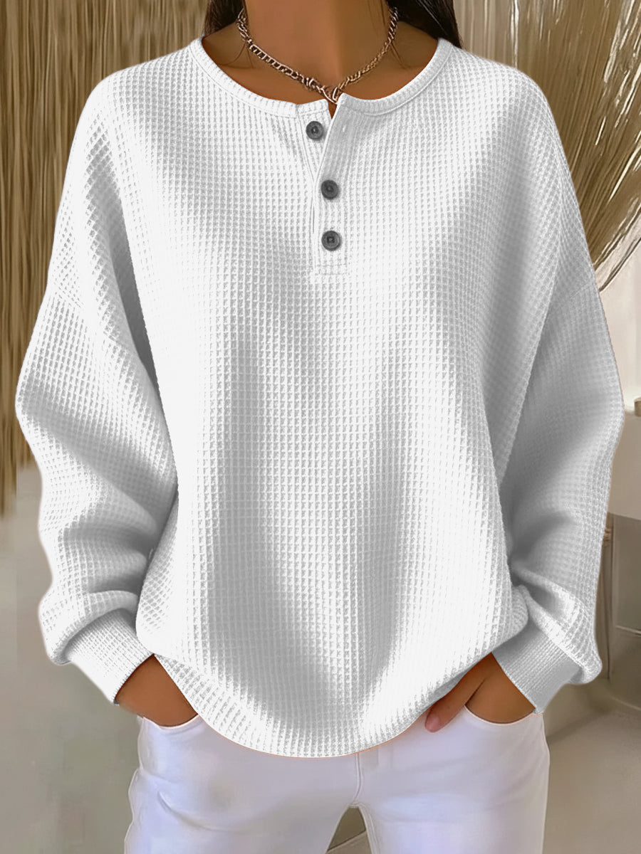 Kvinna Sweatshirt Med Henley-Hals och Waffle Stickning