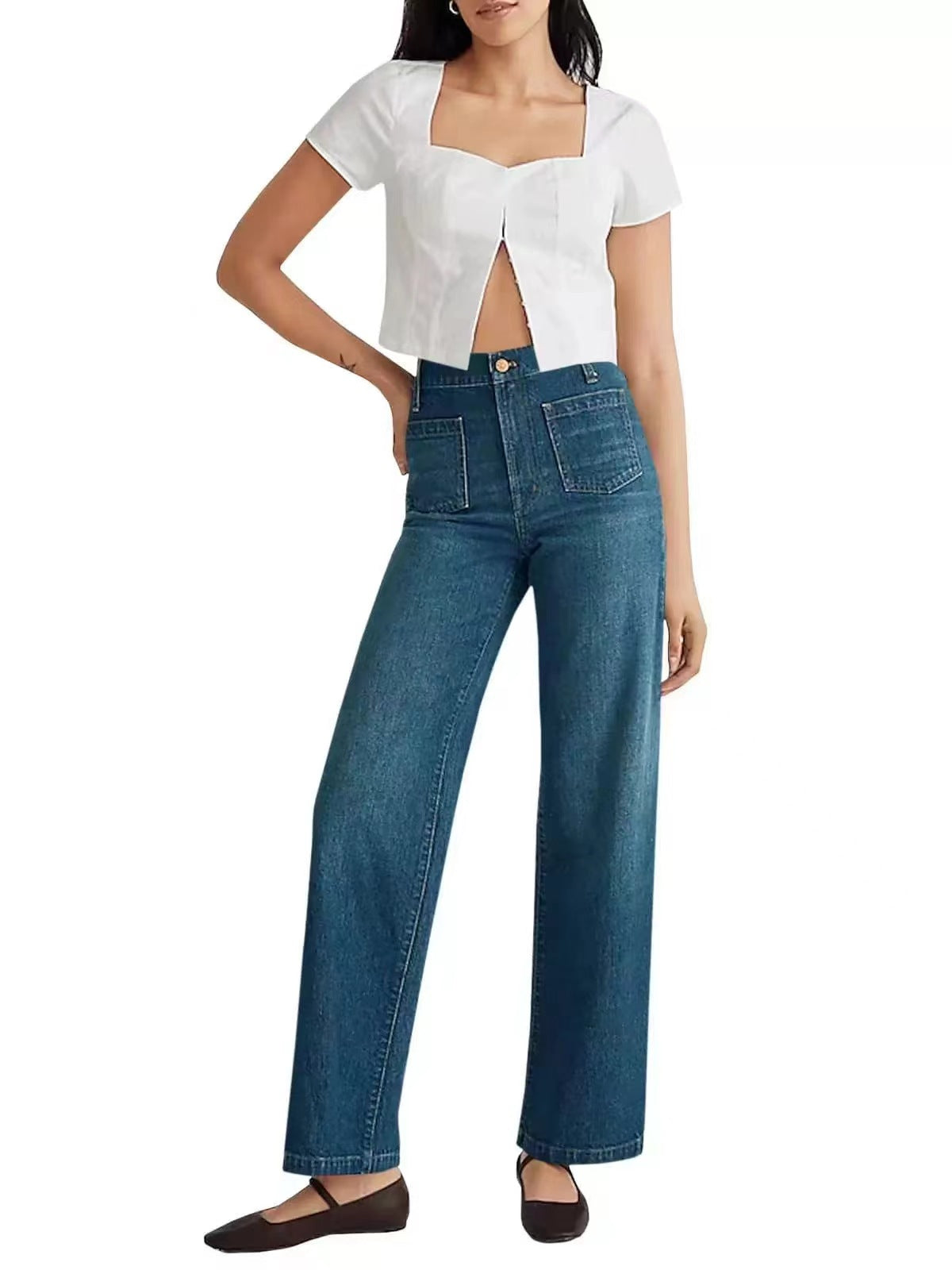 Damjeans Med Hög Midja Och Vida Ben, Sliten Design Med Fyrkantiga Fickor