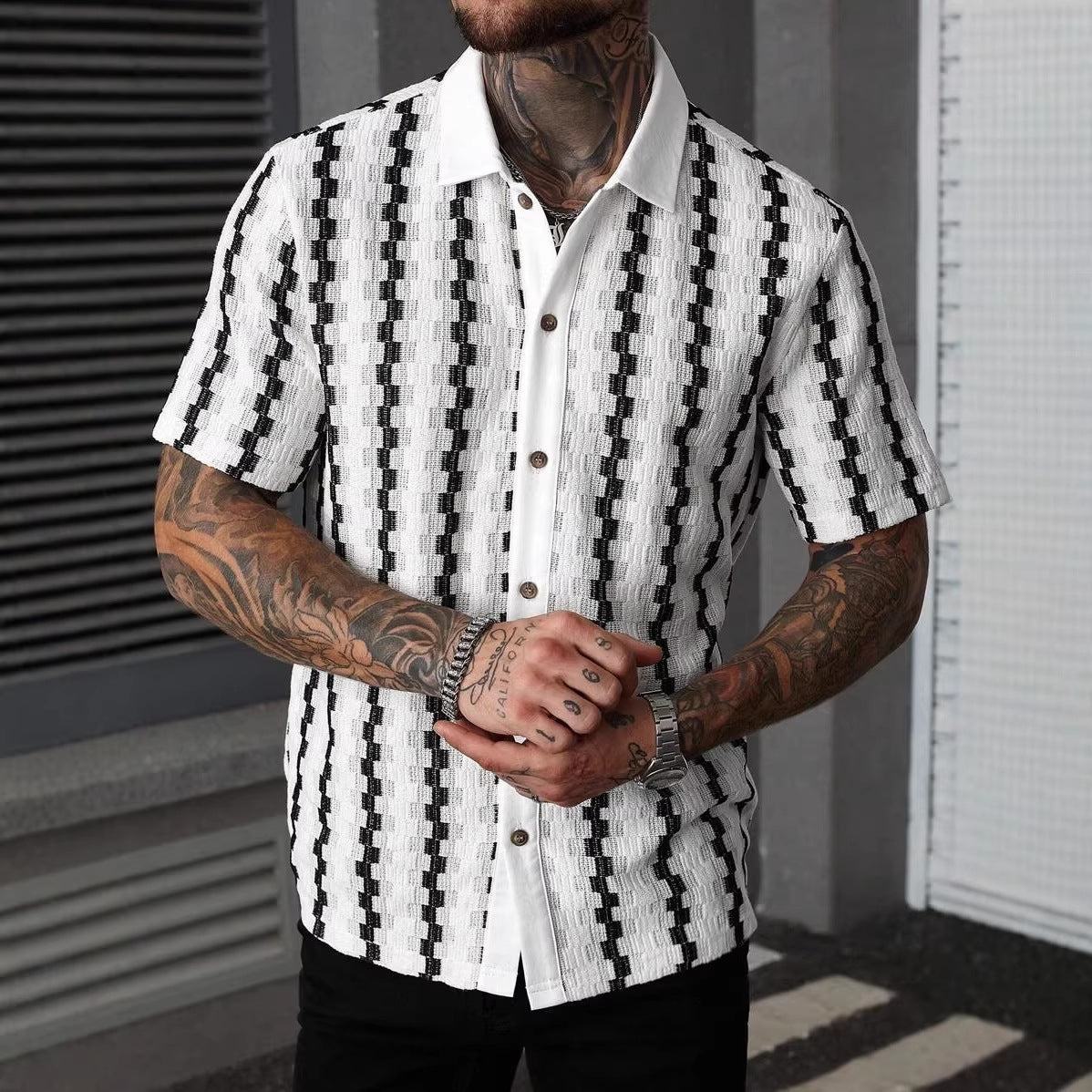 Herr Sommarrutig Stickad Kortärmad Kofta Slim Fit Patchwork Streetwear Topp