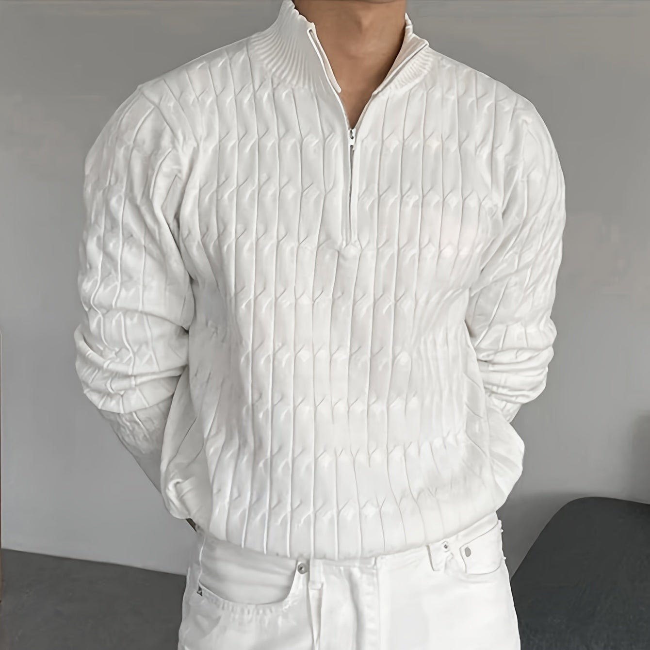 Herr Stickad Pullover med Rund Hals och Halv Dragkedja
