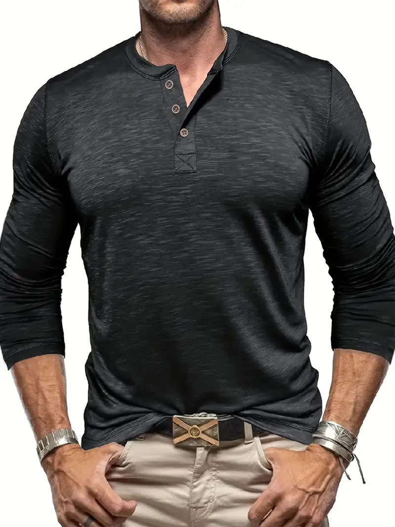 Herr Långärmad Henley T-Shirt Med Knäppning Vid Halsringning