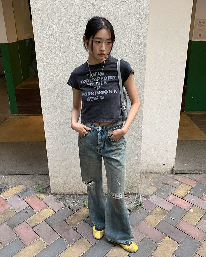 Retro Raka Jeans Med Sliten Denimblandning För Kvinnor