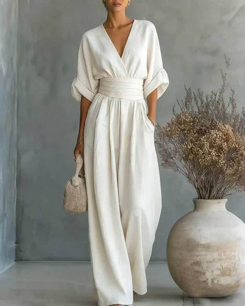 Damjumpsuit V-Ringad Hög Midja Full Längd Slim Fit