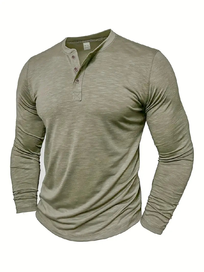 Herr Långärmad Henley T-Shirt Med Knäppning Vid Halsringning