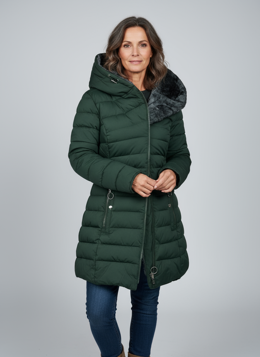 Kvinna Vinterjacka Med Mjuk Fodring Asymmetrisk Dragkedja Och Huva