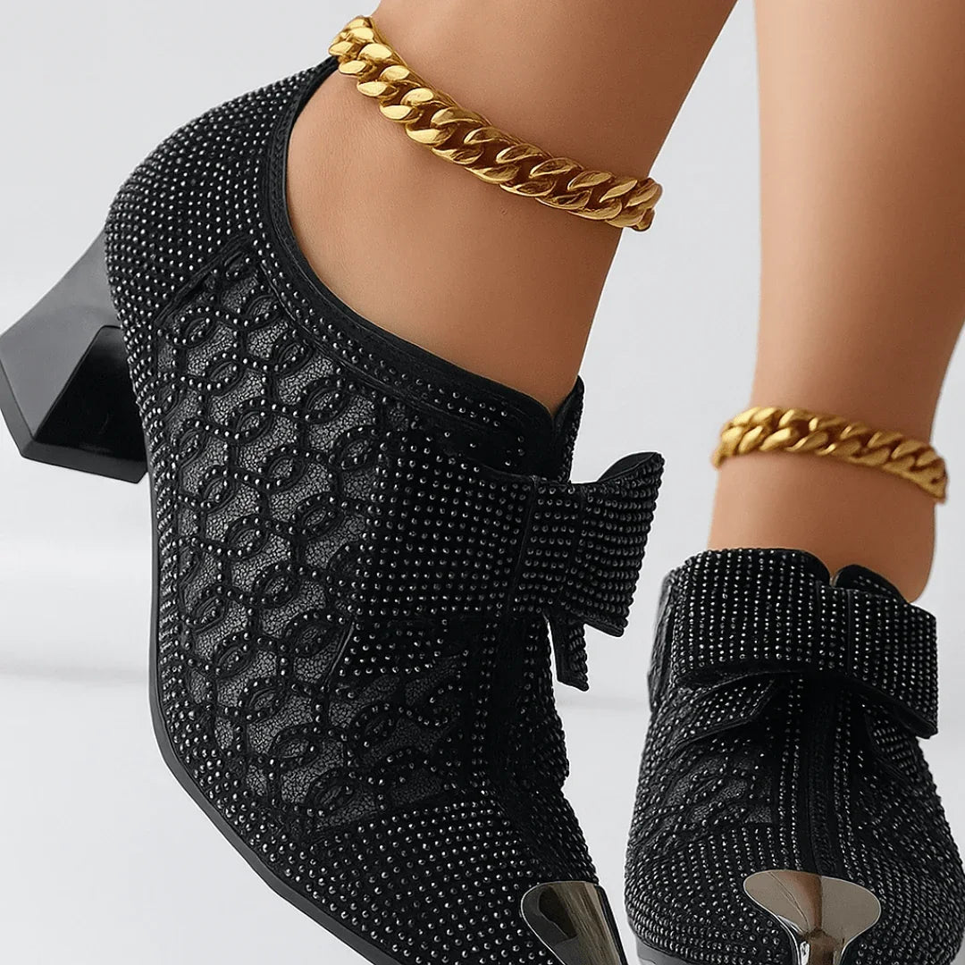 Kvinnor Klackskor Med Rhinestone Rosett Spetsig Tå Och Blockklack 6cm