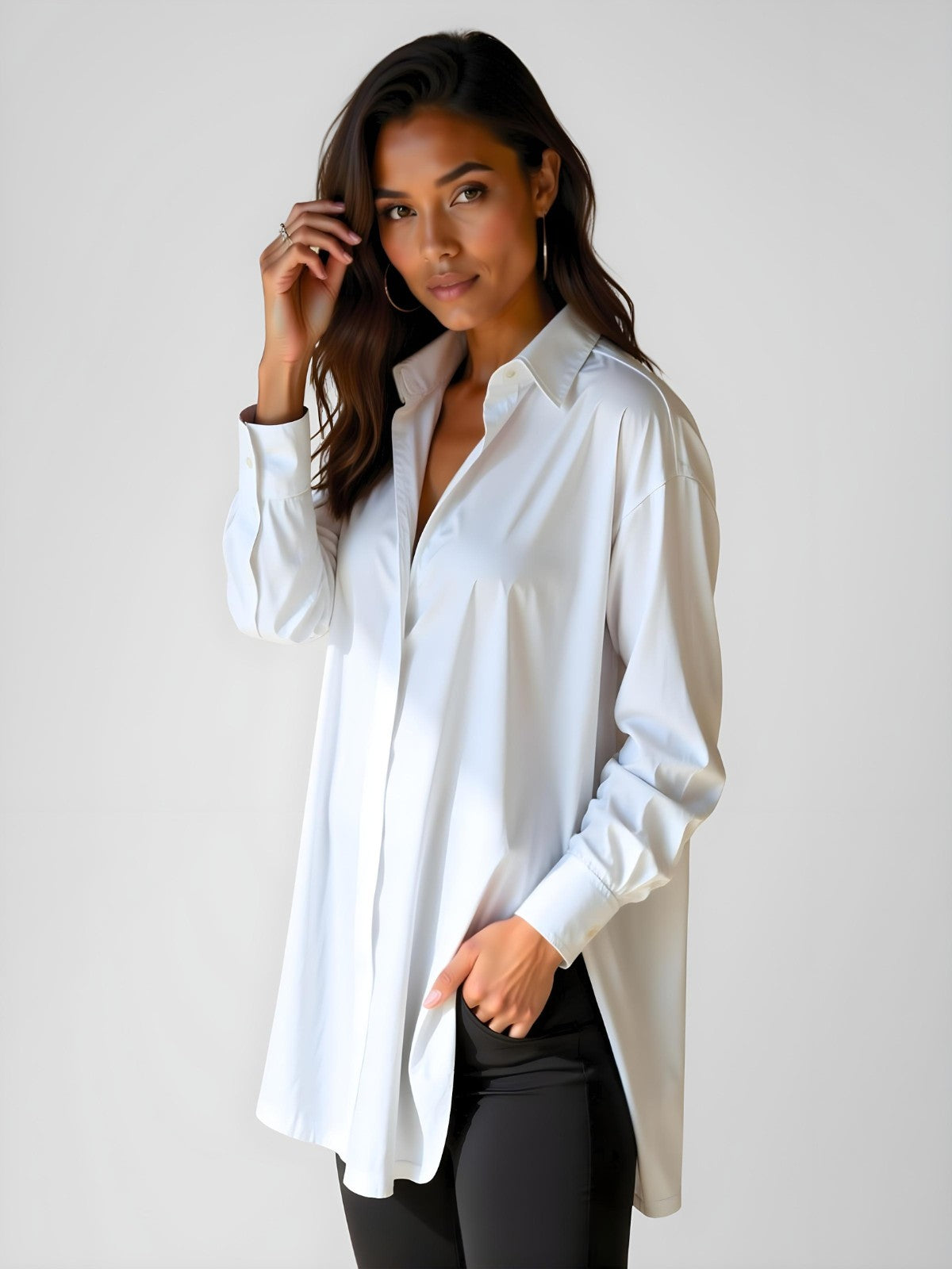 Kvinnors Oversized Skjortklänning med Slagkrage, Knäppning och Sidslits