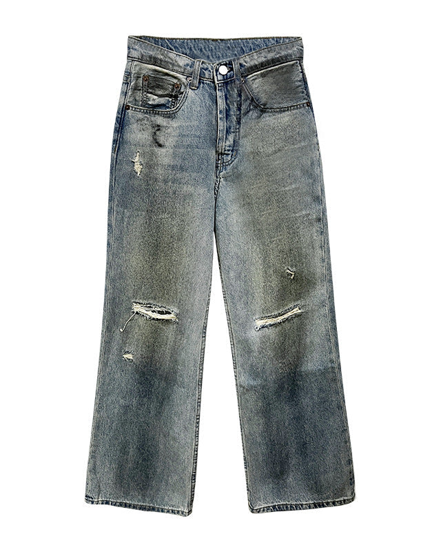 Retro Raka Jeans Med Sliten Denimblandning För Kvinnor