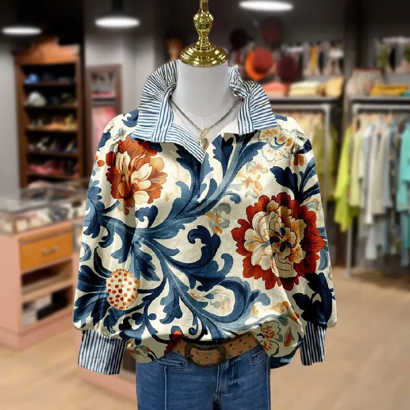 Damblus Med Vintageblommigt Tryck Och Knappknäppning Framtill
