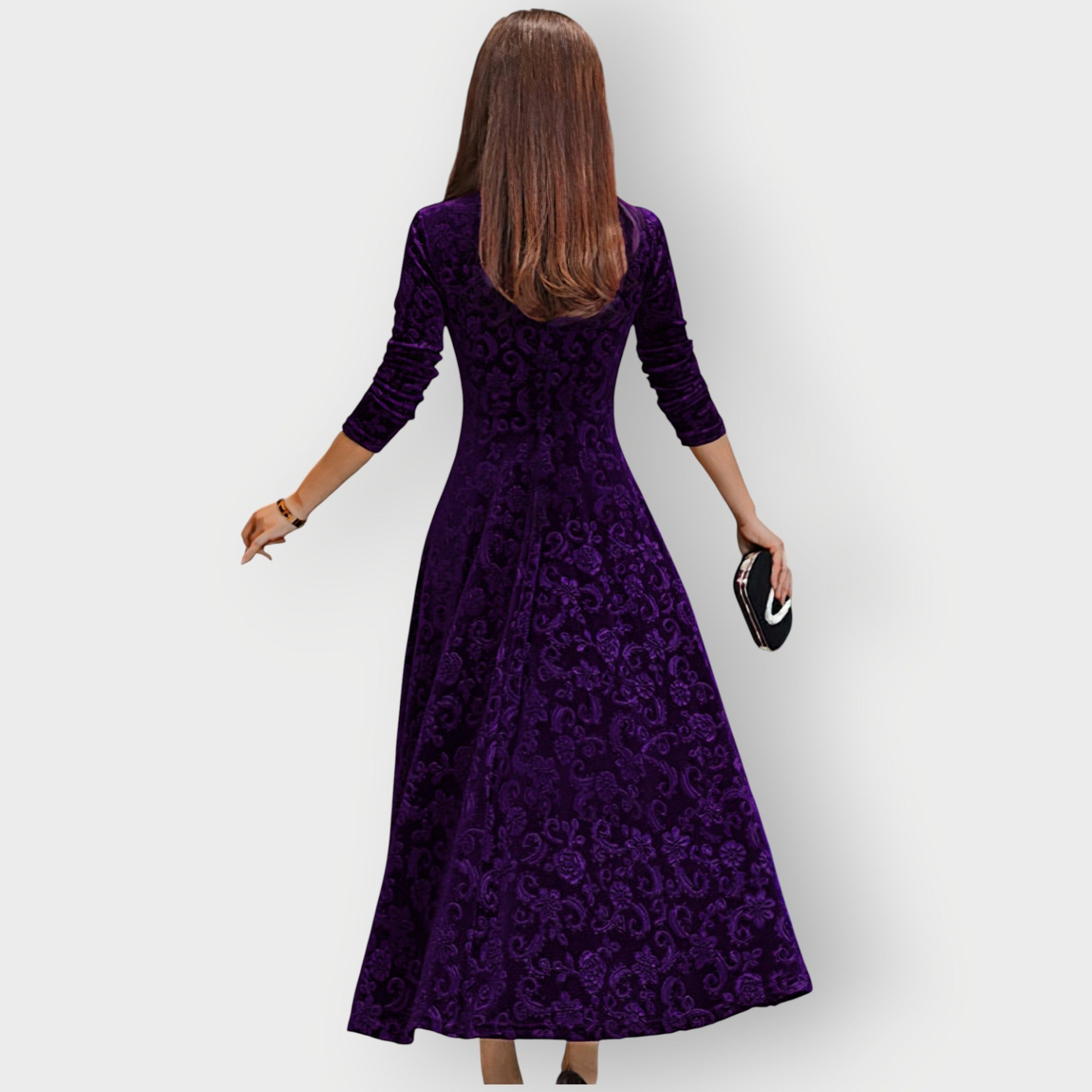 Kvinnoklänning Jacquard Sammet Midi V-ringad Fit-and-Flare