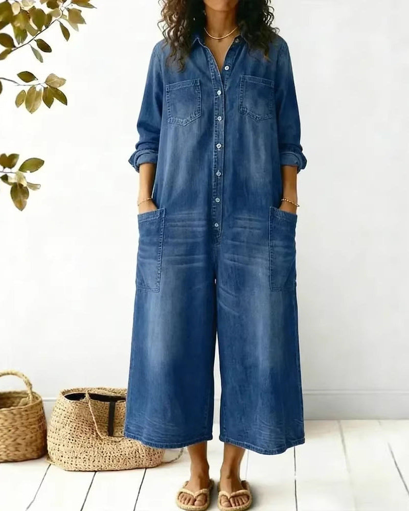 Långärmad Jumpsuit Med Knappar Och Fickor Framtill För Kvinnor